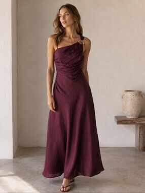 ZARA 100% Linen Asymmetric Midi Dress Eggplant M NWT